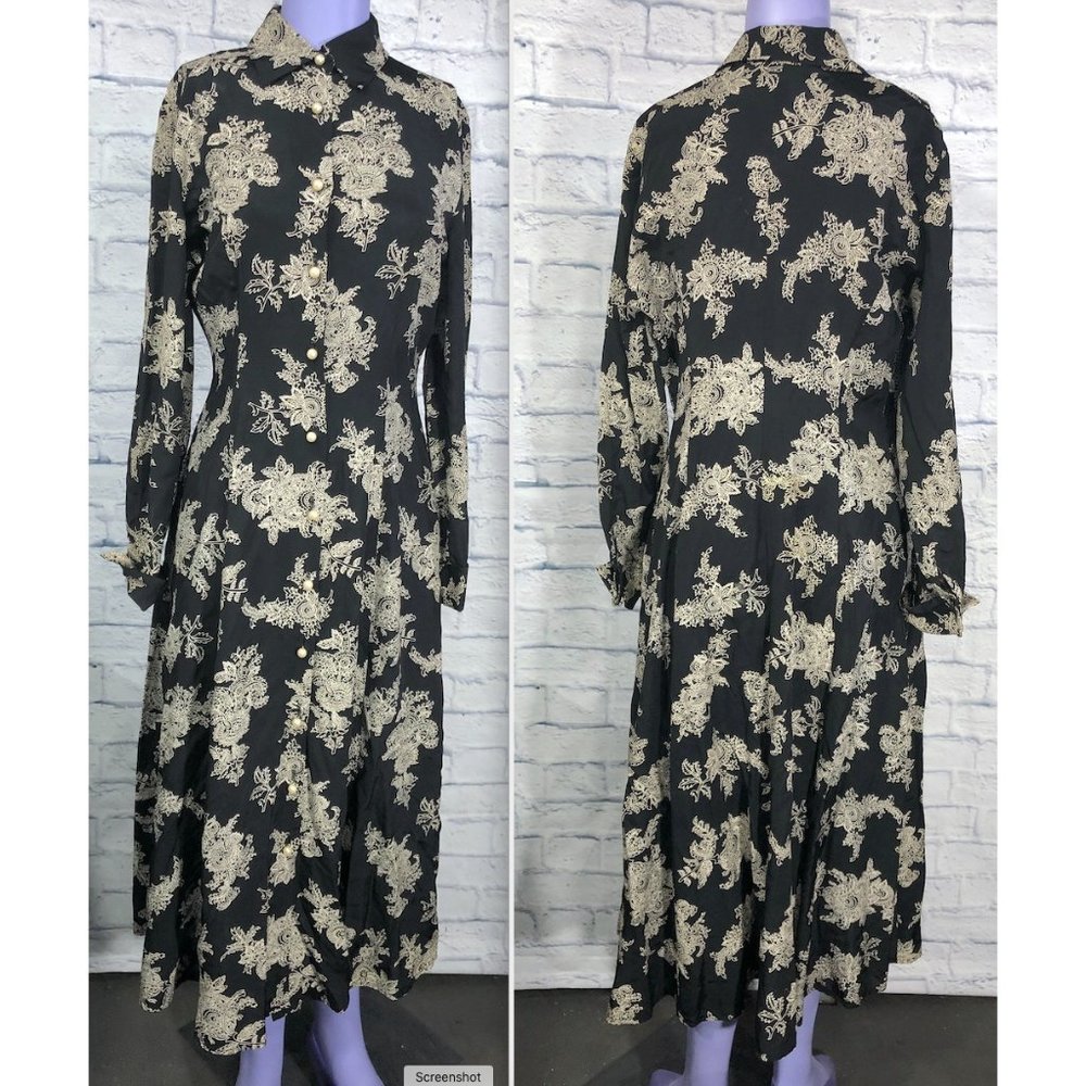 Moda Intl Long Size 6 Six Floral Boho Button Dress Rayon Made in USA Black White